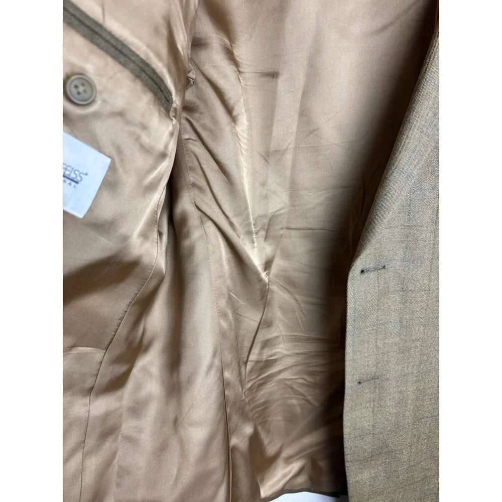 JOSEPH & FEISS Mens 43R Beige WINDOWPANE Wool & Silk Sport Coat Blazer Suit Coat
